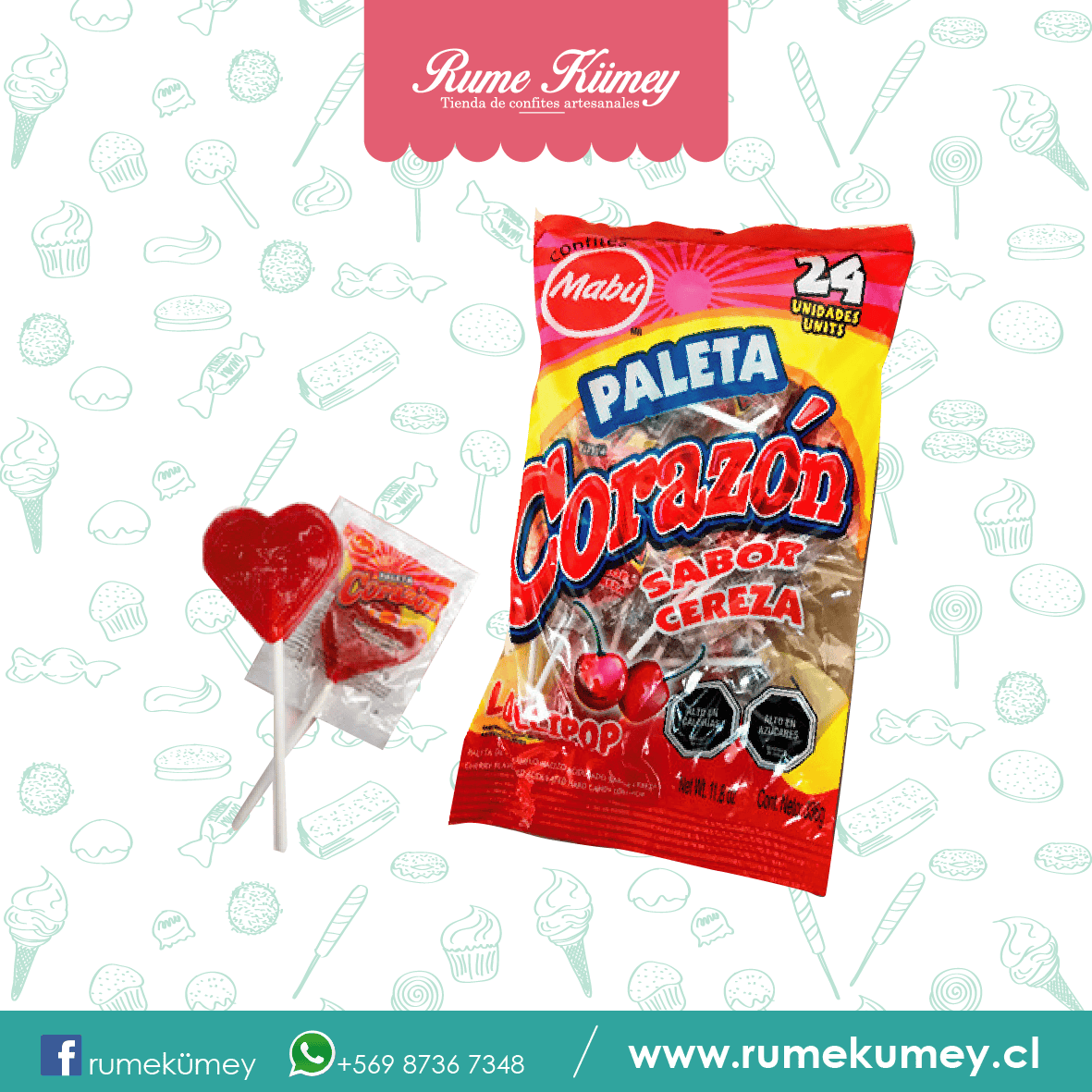 paletas de corazon de la marca mabu sabor ceresa. disponible en formato de 40 unidades.